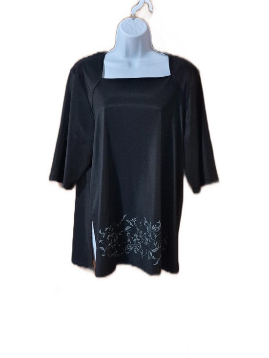 Adrian Karen Tops - Adrian Karen Black Square-Neck Floral Hem 3/4 Length Sleeves Womens Tunic EUC